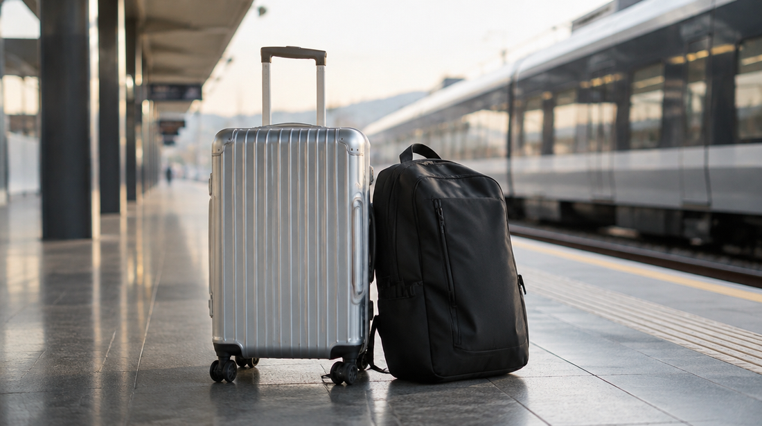 Aluminium suitcase and travel backpack side by side on a train platform